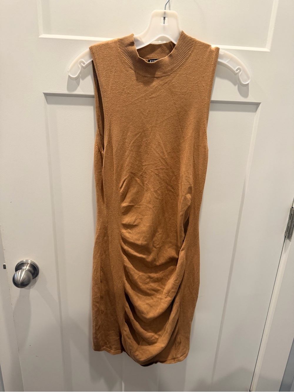 Express Camel Brown Ruched Draped Mock Neck Midi Dress M